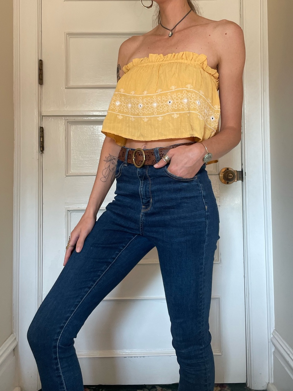 Yellow Embroidered Strapless Crop Top